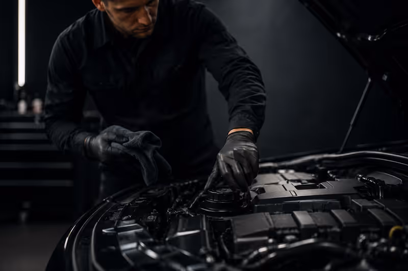 Autohuolto Joensuussa, mekaanikko huoltaa auton moottoria
